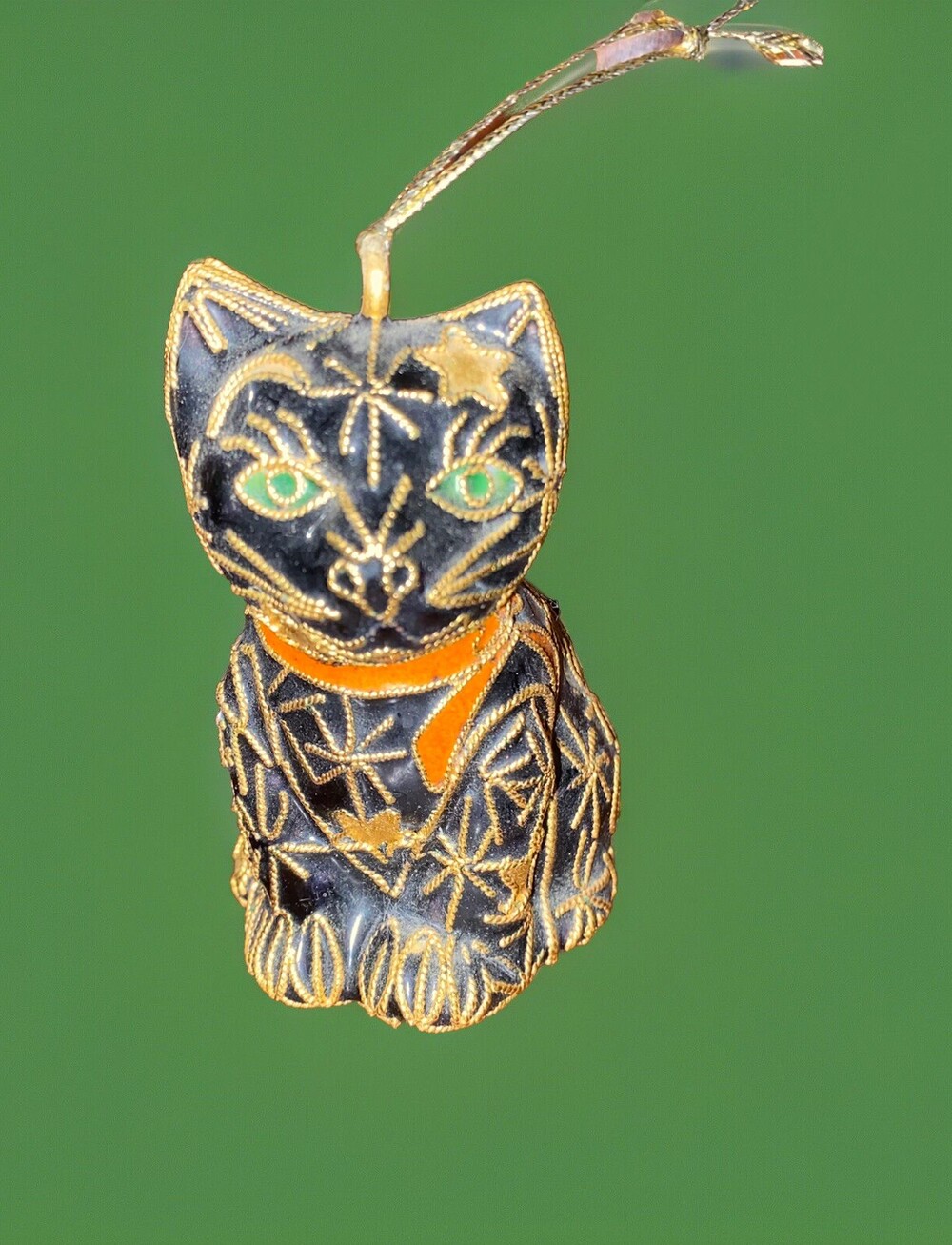 Cloisonné Black Cat Halloween Ornament – Green Eyes, Celestial Sun Moon & Stars